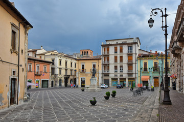 Sulmona, Italy, 08/08/2018. A square in the center of a medieval town in the Abruzzo region