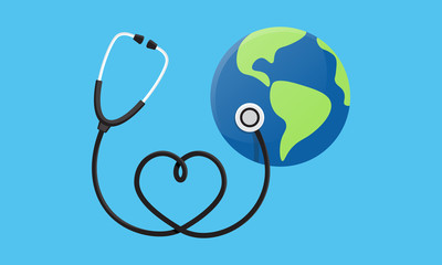 Conceptual illustration of a heart earth world globe with a stethoscope wrapped around it. World Health Day. Vector illustration