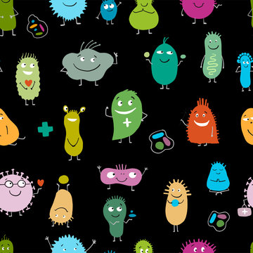 Funny and scary bacteria characters. Vector seamless background of gut and intestinal flora, germs, virus.