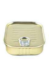 shiny golded tin can isolated on white background close-up