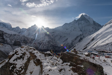 Beautiful natural landscape landmark of Machapuchare mountain peak  Annapura sanctuary trekking route - photo taken from Annapura basecamp (ABC) in April