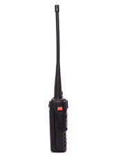 black portable walkie-talkie isolated on white background, side view