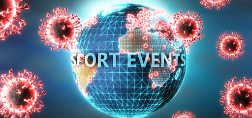 Sport events and covid virus, symbolized by viruses and word Sport events to symbolize that corona virus have gobal negative impact on  Sport events or can cause it, 3d illustration