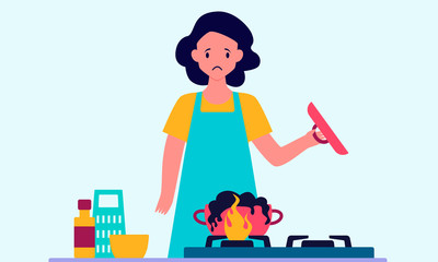 Sad woman ruined the food that she cooked at home. Vector illustration
