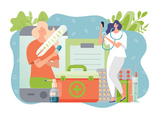 Online doctor concept vector illustration. Cartoon tiny woman patient character using app smartphone for professional medical diagnosis, treatment. Digital emergency support service isolated on white