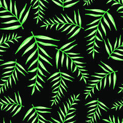 vector seamless pattern with hand-drawn bright tropical leaves on a black background. it can be used as Wallpaper, background, print, textile design, notebooks, phone cases, packaging paper, and more