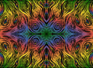 Psychedelic multicolor kaleidoscope pattern. Shamanistic abstract background, maze of ornaments.