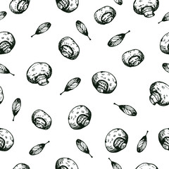 vector seamless pattern with hand-drawn graphic mushrooms and leaves. it can be used as Wallpaper, background, print, kitchen textile design, notebooks, phone cases, packaging paper, and more.