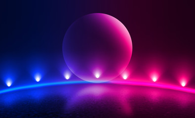 Background empty show scene. Ultraviolet dark abstract background. Geometric neon shapes, neon glow, blue and pink lighting