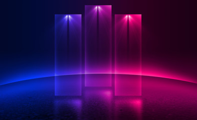 Background empty show scene. Ultraviolet dark abstract background. Geometric neon shapes, neon glow, blue and pink lighting