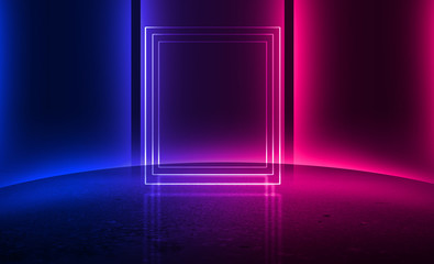 Background empty show scene. Ultraviolet dark abstract background. Geometric neon shapes, neon glow, blue and pink lighting