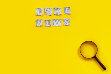 Paper art banner on yellow backdrop in style zine wiht words fake news.
