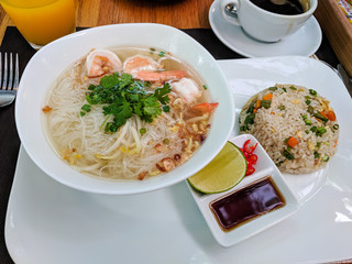 Prawn noodle soup, a traditional breakfast in Indochina.  Phnom Penh, Cambodia