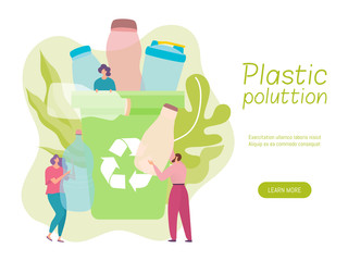 Plastic recycle vector illustration. Cartoon tiny flat woman man volunteer characters throwing used bottle waste into recycling garbage trash bin for reuse, people in protection ecology concept