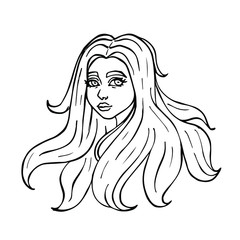 vector hand-drawn doodle art of a beautiful young girl with long hair. isolated on a white background. coloring book