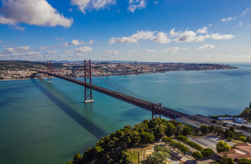 Fototapeta na wymiar 24 April bridge in Lisbon in Portugal, aerial drone view