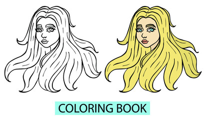 vector hand-drawn outline art of a beautiful young girl with long hair. isolated on a white background. coloring book with an option in color.