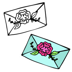 cute vector hand-drawn cartoon envelope with a rose flower. greeting the spring letter. two versions of envelopes are color and black and white. isolated on a white background.