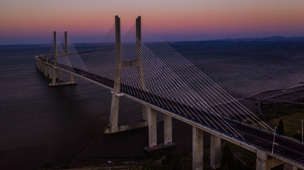 Vasco de Gamma bridge in Lisbon in Portugal, aerial drone view