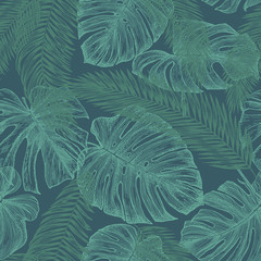 Botanical seamless pattern with leaves of tropical plants on a dark green background. Hand-drawn outlines was converted in vector image. Exotic plants mint green colour. Jungle foliage illustration.