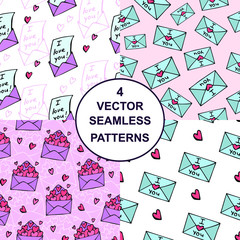 a set of four vector seamless patterns with cute hand-drawn envelopes with hearts and declarations of love. it can be used as wallpaper, background, print, textile design, notebooks, phone cases.