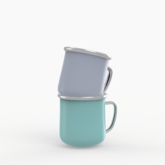 enamel metal mug on white background. Blank cup for branding. 3d rendering illustration