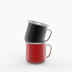 enamel metal mug on white background. Blank cup for branding. 3d rendering illustration