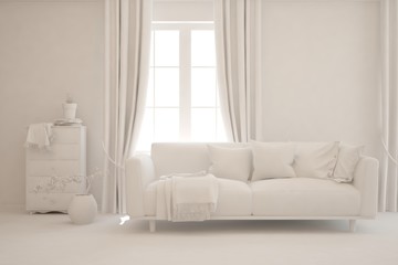 White minimalist living room with sofa. Scandinavian interior design. 3D illustration