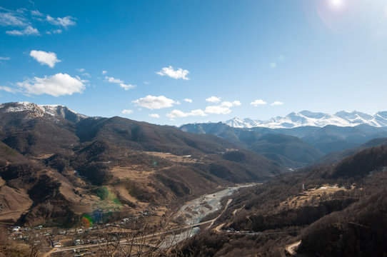 landscape of tree, mountain from the top of mountain a sunny cloudy day