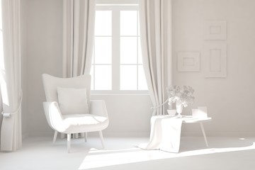 Mock up of stylish room in white color with armchair. Scandinavian interior design. 3D illustration