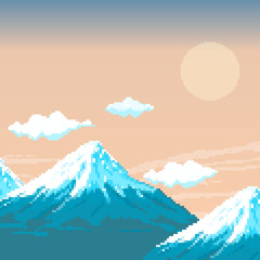 Obraz premium Pixel Fuji mountain at sunset and the red sun. Japan. Pixel art 8 bit.
