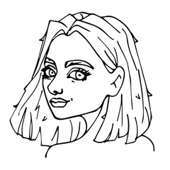 vector hand drawn outline portrait of a young beautiful smiling girl isolated on a white background. coloring