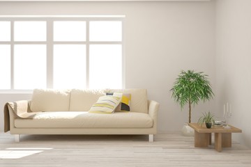 White living room with sofa. Scandinavian interior design. 3D illustration