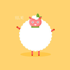 Cute flat sheep character smiling and want to hug for card. Cartoon vector funny animal. Baby ewe icon for sticker on yellow background. Illustration hug me poster