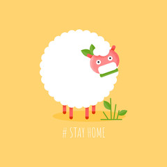 Stay Home card with cute flat sheep character smiling and eating. Cartoon vector funny animal on yellow background. Covid possitive motivation illustration poster