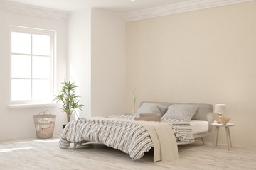 White bedroom interior. Scandinavian design. 3D illustration