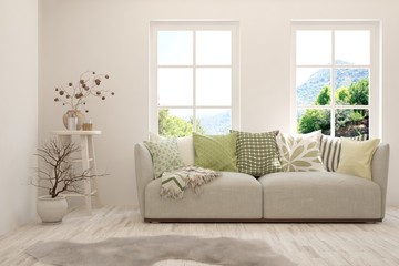 White living room with sofa and summer landscape in window. Scandinavian interior design. 3D illustration