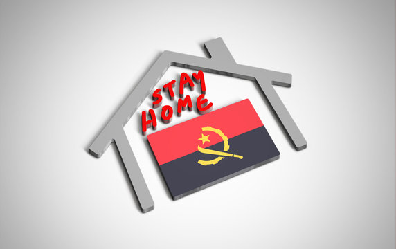 Stay at home slogan with house and country flag inside. Protection campaign or measure from coronavirus, COVID--19. Corona virus (covid 19) campaign to stay at home. Angola