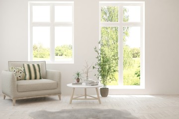 White living room with armchair and green landscape in window. Scandinavian interior design. 3D illustration