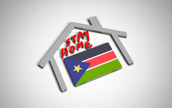 Stay at home slogan with house and country flag inside. Protection campaign or measure from coronavirus, COVID--19. Corona virus (covid 19) campaign to stay at home. South Sudan