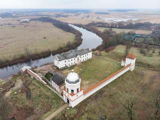 Belarus. The old castle near Minsk. Popular tourist place. Museum. Sky view. Dron photo.
Description