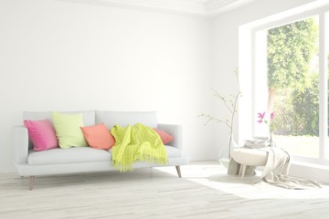 White minimalist living room with sofa. Scandinavian interior design. 3D illustration