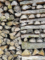 Background texture old wooden wall or firewood for the fireplace, stove or campfire
