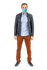 Protection against contagious disease, coronavirus. Man wearing hygienic mask to prevent infection, airborne respiratory illness such as flu, 2019-nCoV. indoor studio shot isolated on white background