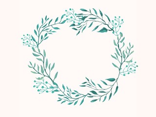 Watercolor wreath with  branches and leaves.