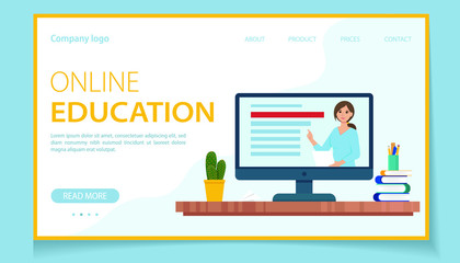 Online education for children landing page. Screen with teacher, books and pencils. Student desktop. Vector illustration in flat style