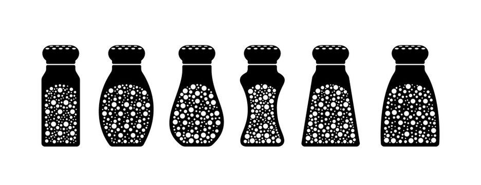 Set With Salt And Pepper Shakers. Black Spice Bottles Icons Isolated On White Background. Vector Illustration.