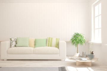 White living room with sofa. Scandinavian interior design. 3D illustration