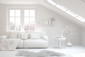 White living room with sofa and winter landscape in window. Scandinavian interior design. 3D illustration