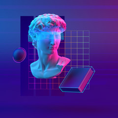 3d-illustration abstract composition of bust and primitive objects on violet background